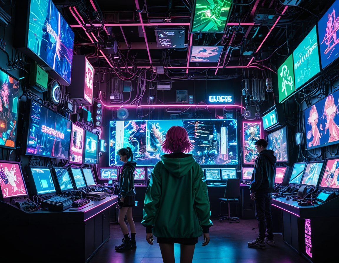 A whimsical collage featuring high-tech elements like circuit boards and digital screens intertwined with sensual, colorful anime characters. Incorporate neon lights and futuristic gadgets in the background, while having characters in a playful and flirtatious manner. Set the scene with a blend of vibrant colors that evoke a sense of excitement and allure. Capture both the essence of mature anime and the sleek vibe of technology. cyberpunk. vibrant colors. 3D.