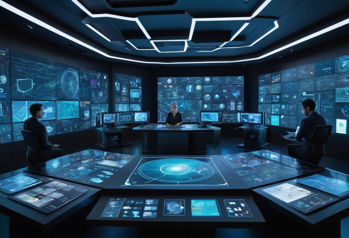 A futuristic control room filled with high-tech screens displaying network maps and immersive mature content. A diverse group of professionals is collaborating around a holographic table, showcasing gadgets and devices for customization. The atmosphere is vibrant and dynamic, emphasizing technology and innovation. Abstract digital patterns swirl around the room, symbolizing the digital frontier. super-realistic. vibrant colors. 3D.